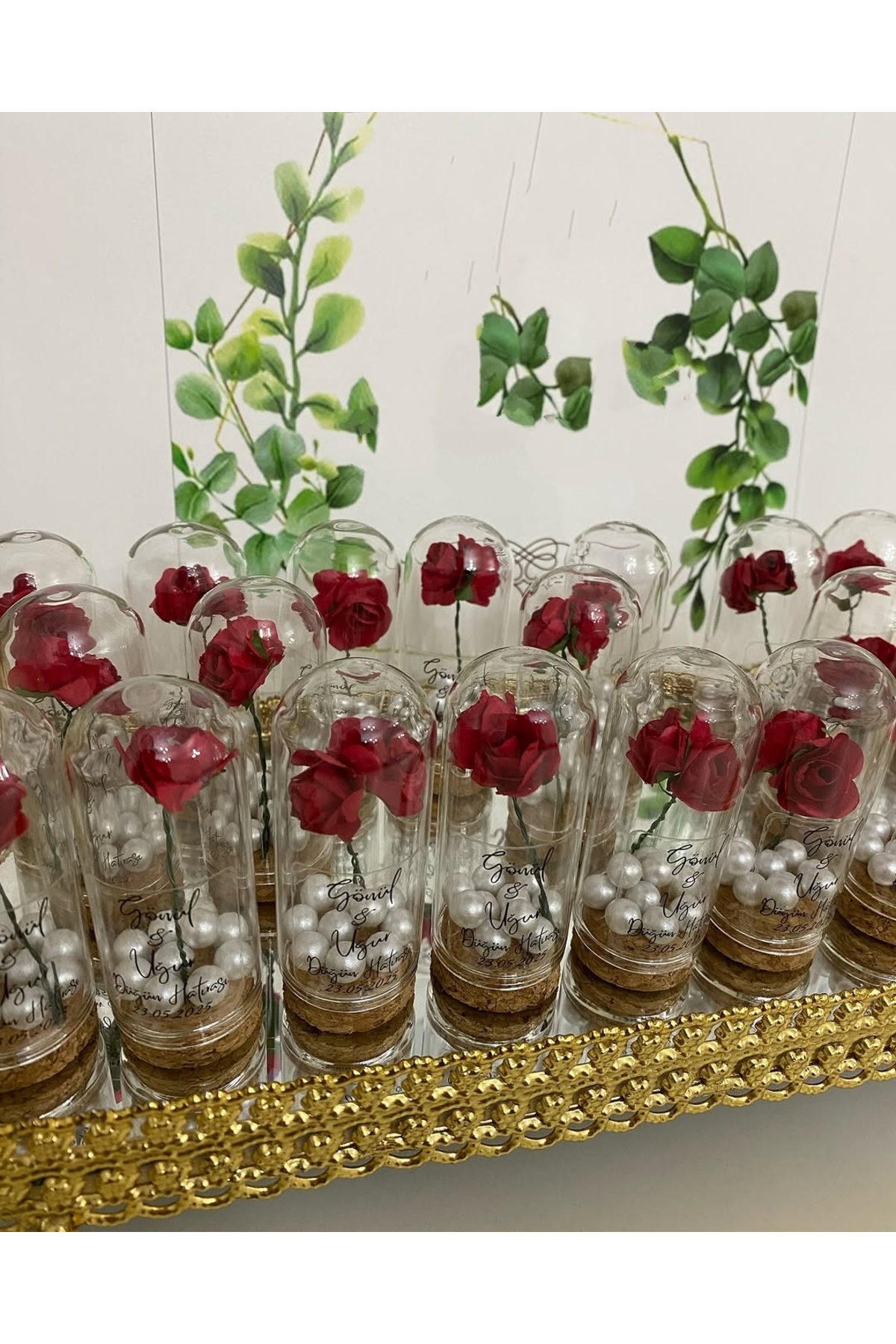Cam Fanus Kırmızı Gül ve İncili Nikah, Söz, Nişan Hediyelik - 25 Adet