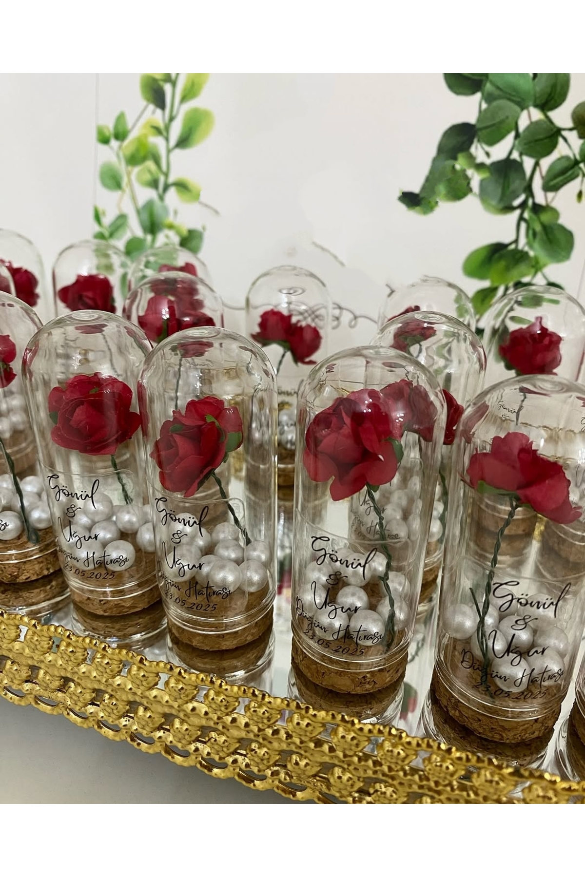 Cam Fanus Kırmızı Gül ve İncili Nikah, Söz, Nişan Hediyelik - 25 Adet