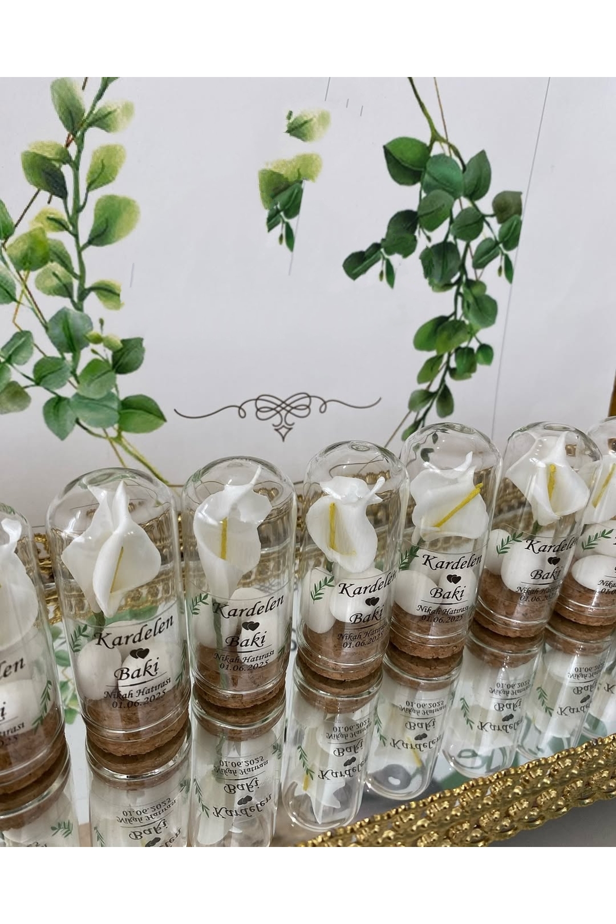Cam Fanus Kardelen Çiçek ve Fıstık Şekerli Nikah, Söz, Nişan Hediyelik - 50 Adet