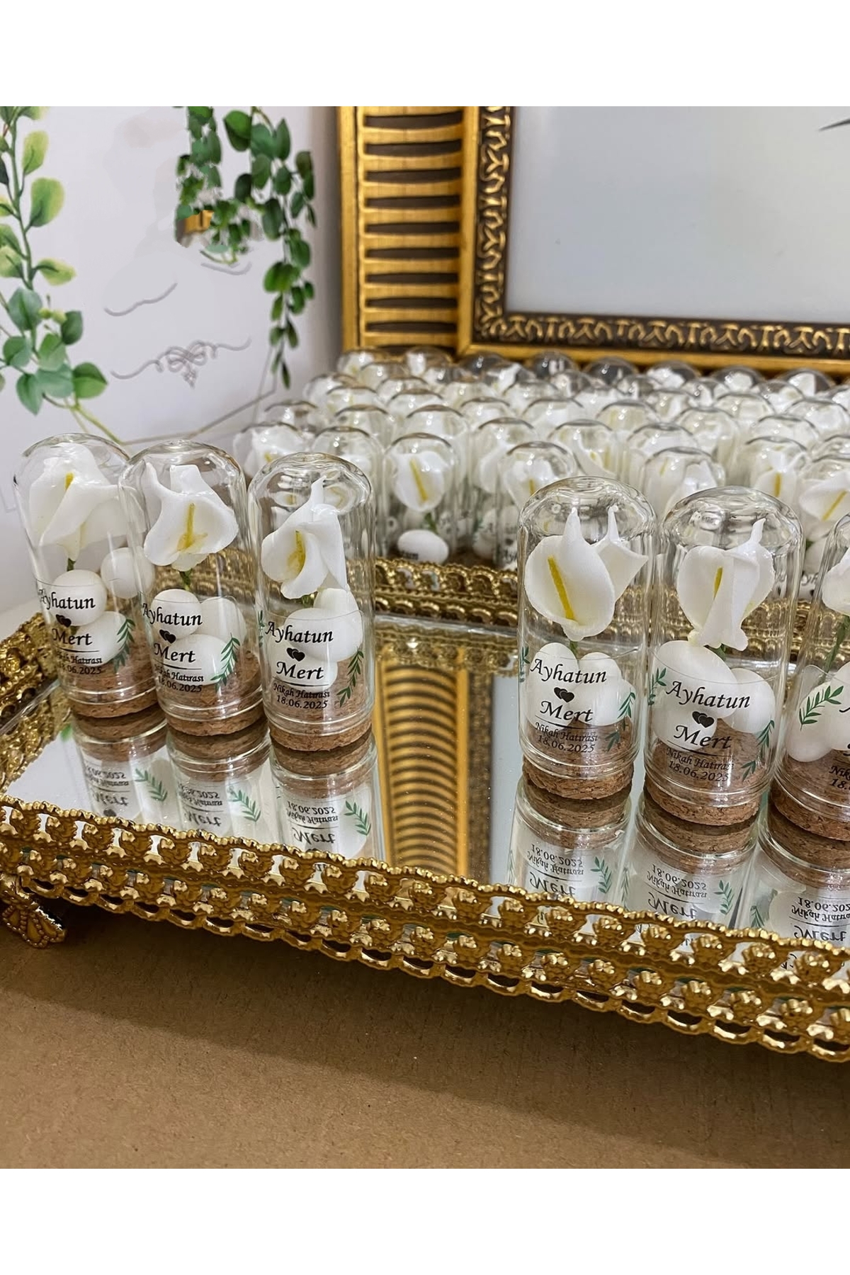 Cam Fanus Kardelen Çiçek ve Fıstık Şekerli Nikah, Söz, Nişan Hediyelik - 25 Adet