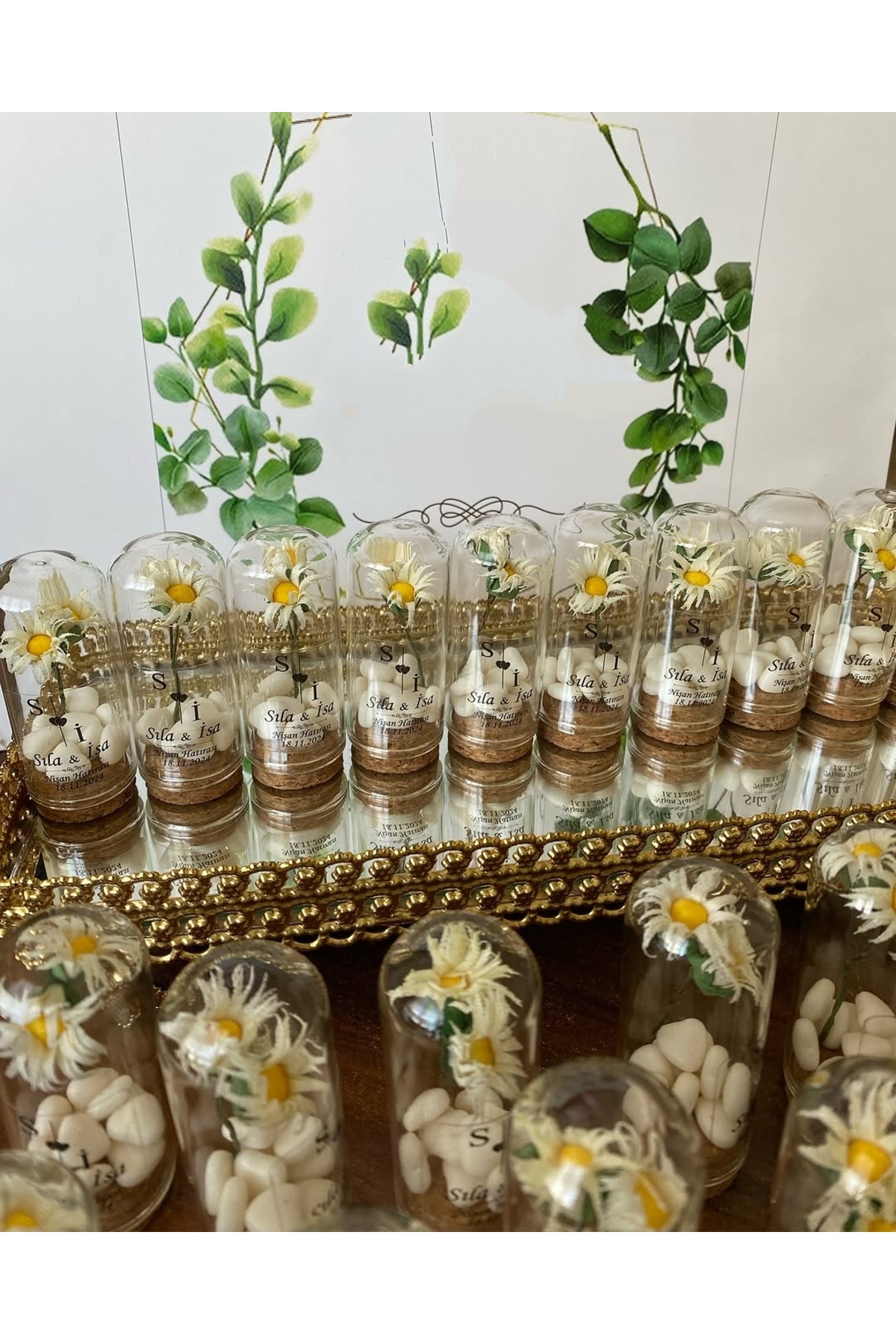 Cam Fanus Papatya Çiçek ve Kalp Şekerli Nikah, Söz, Nişan Hediyelik - 50 Adet