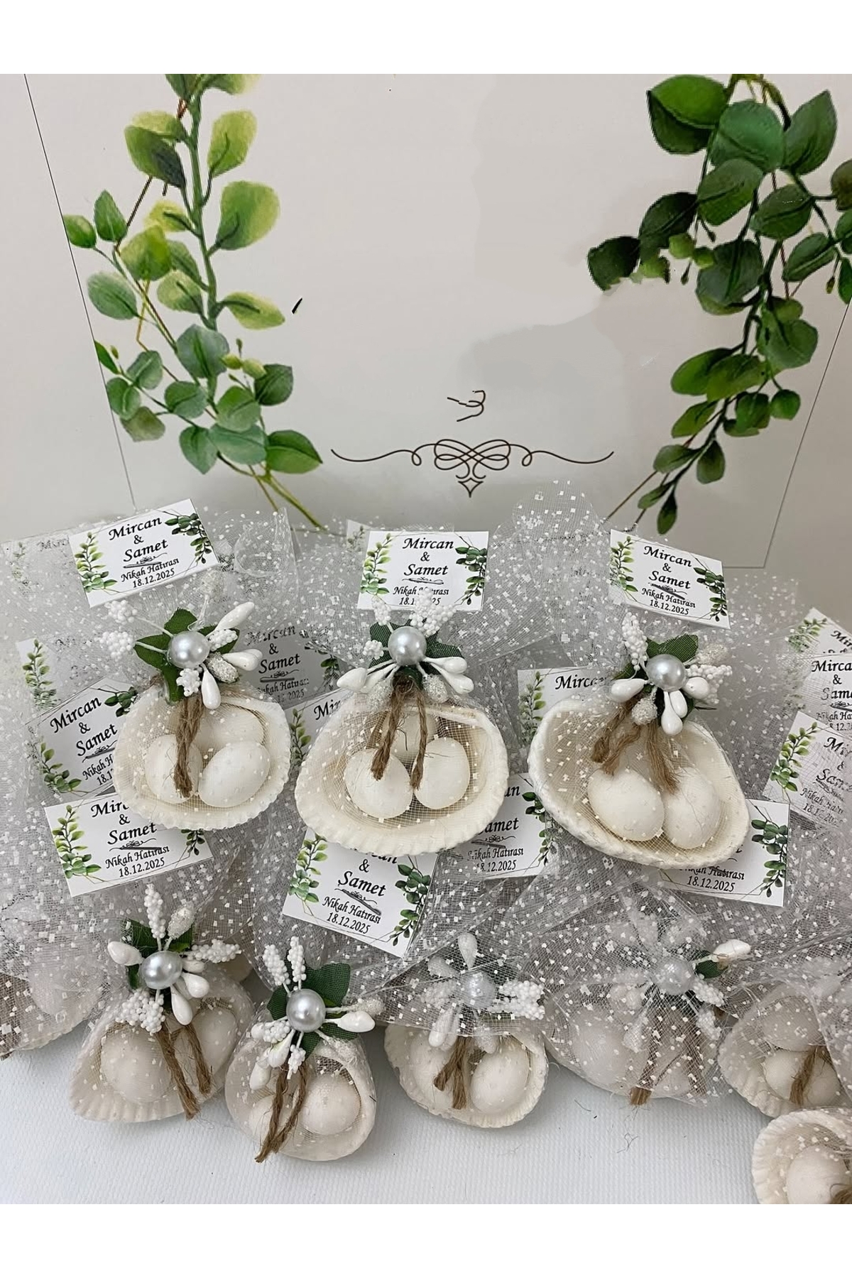 Deniz Kabuğu Fıstık Şekerli Nikah, Söz, Nişan Hediyelik - 25 Adet