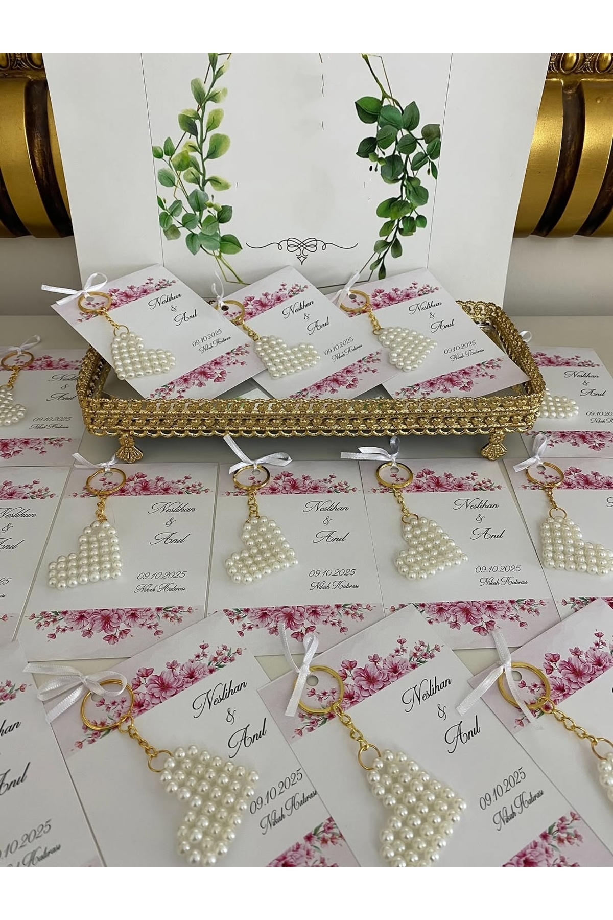 İncili Kalp Anahtarlık Nikah, Söz, Nişan Hediyelik - 25 Adet