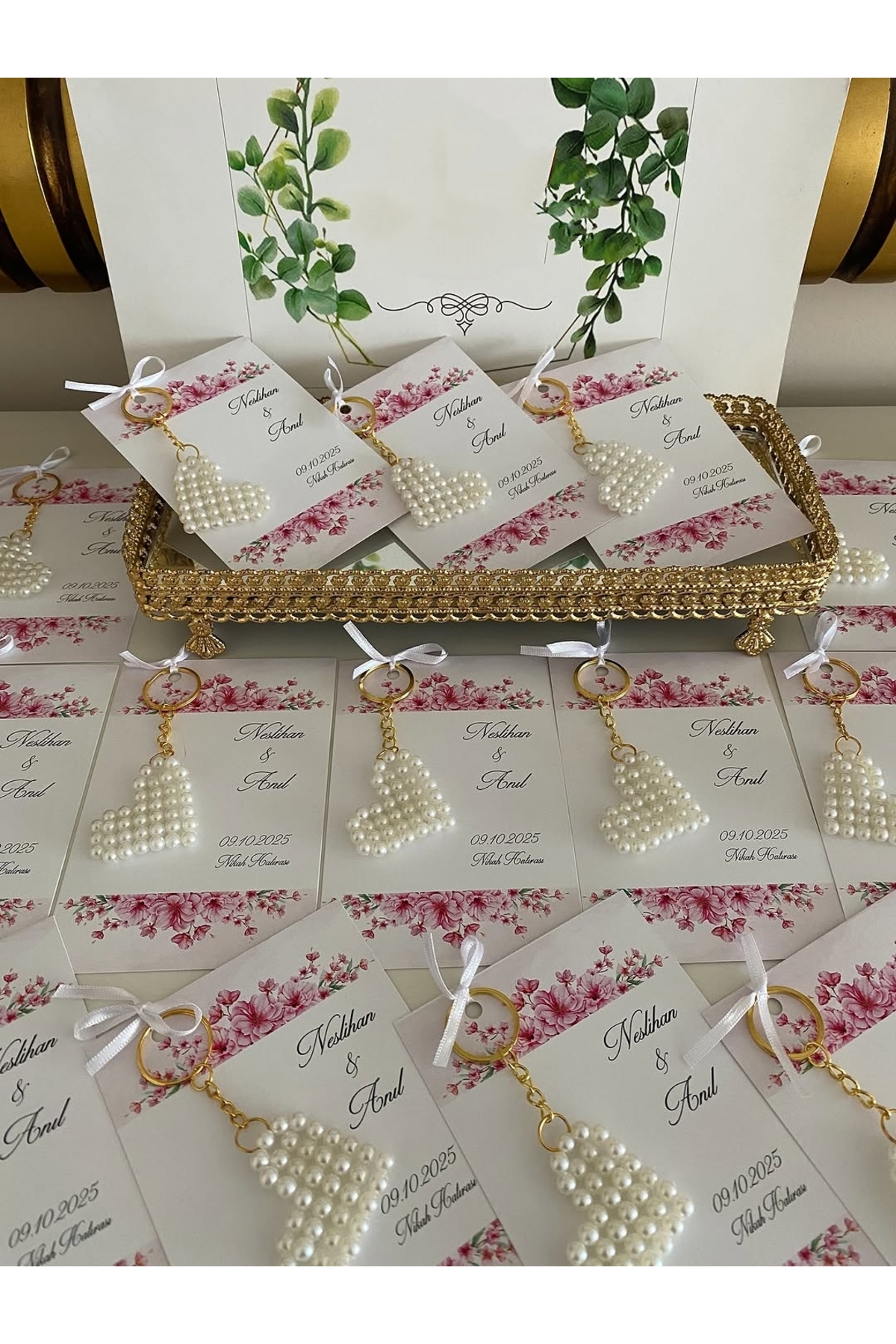 İncili Kalp Anahtarlık Nikah, Söz, Nişan Hediyelik - 50 Adet