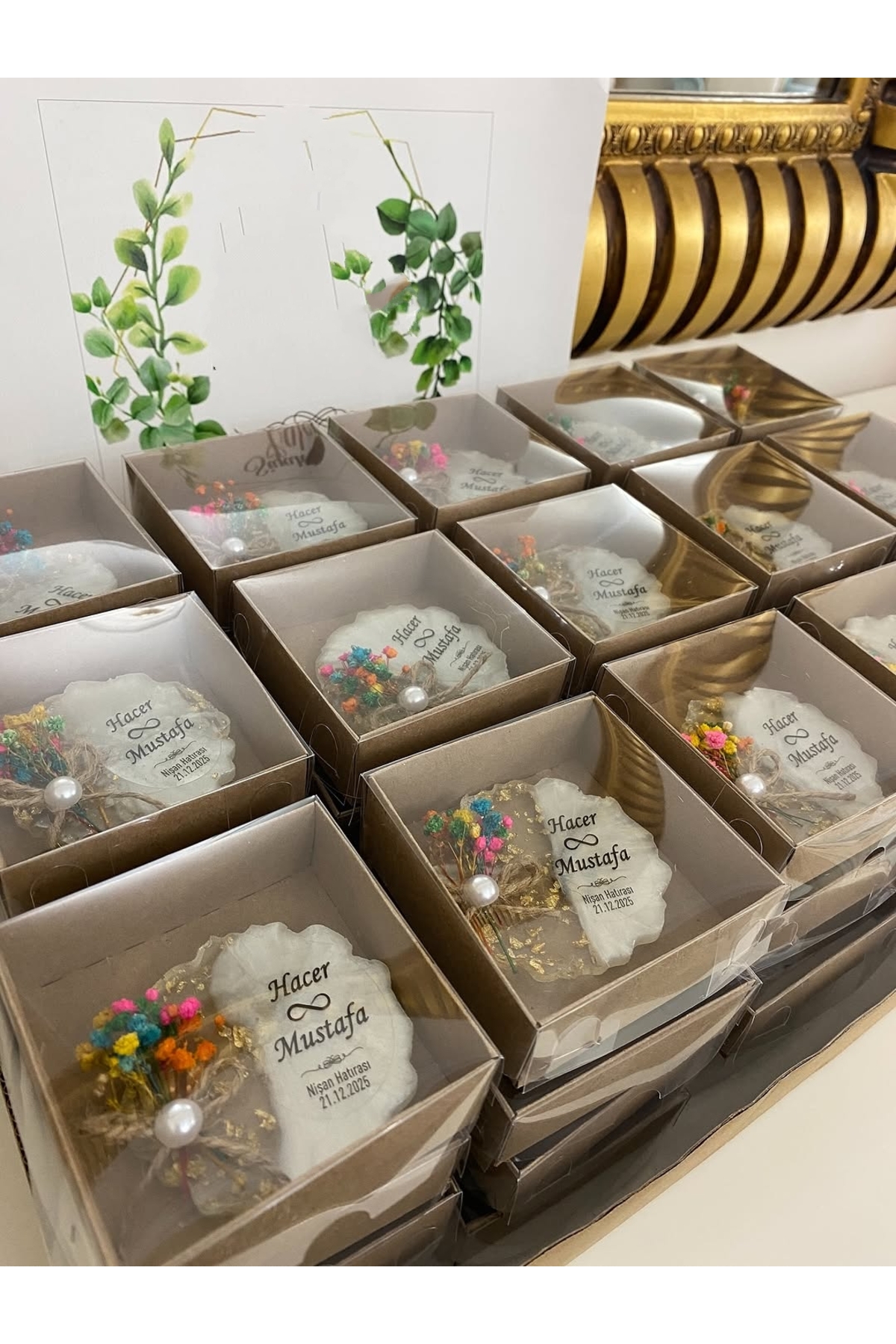 Çiçekli Epoksi Magnet Kutulu Nikah, Söz, Nişan Hediyelik - 50 Adet