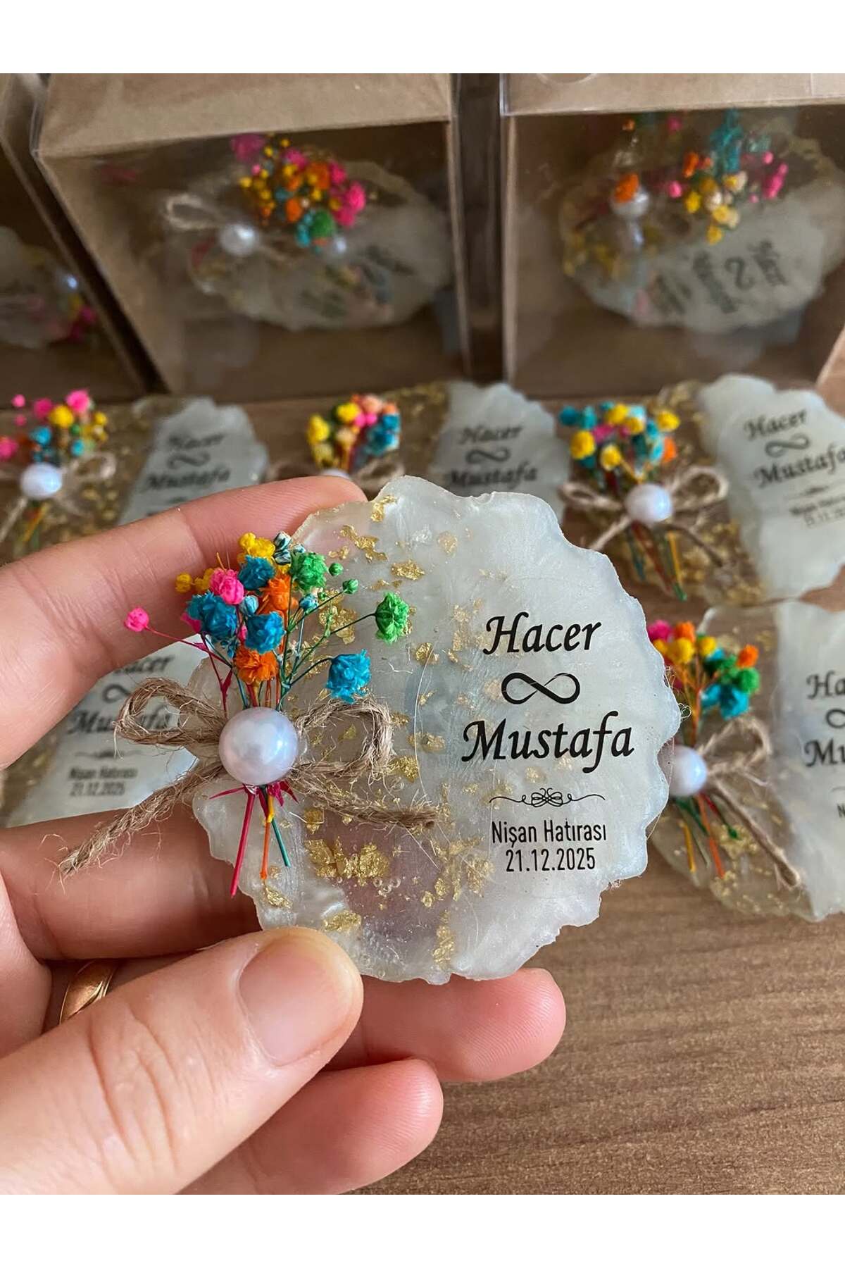 Çiçekli Epoksi Magnet Kutulu Nikah, Söz, Nişan Hediyelik - 50 Adet