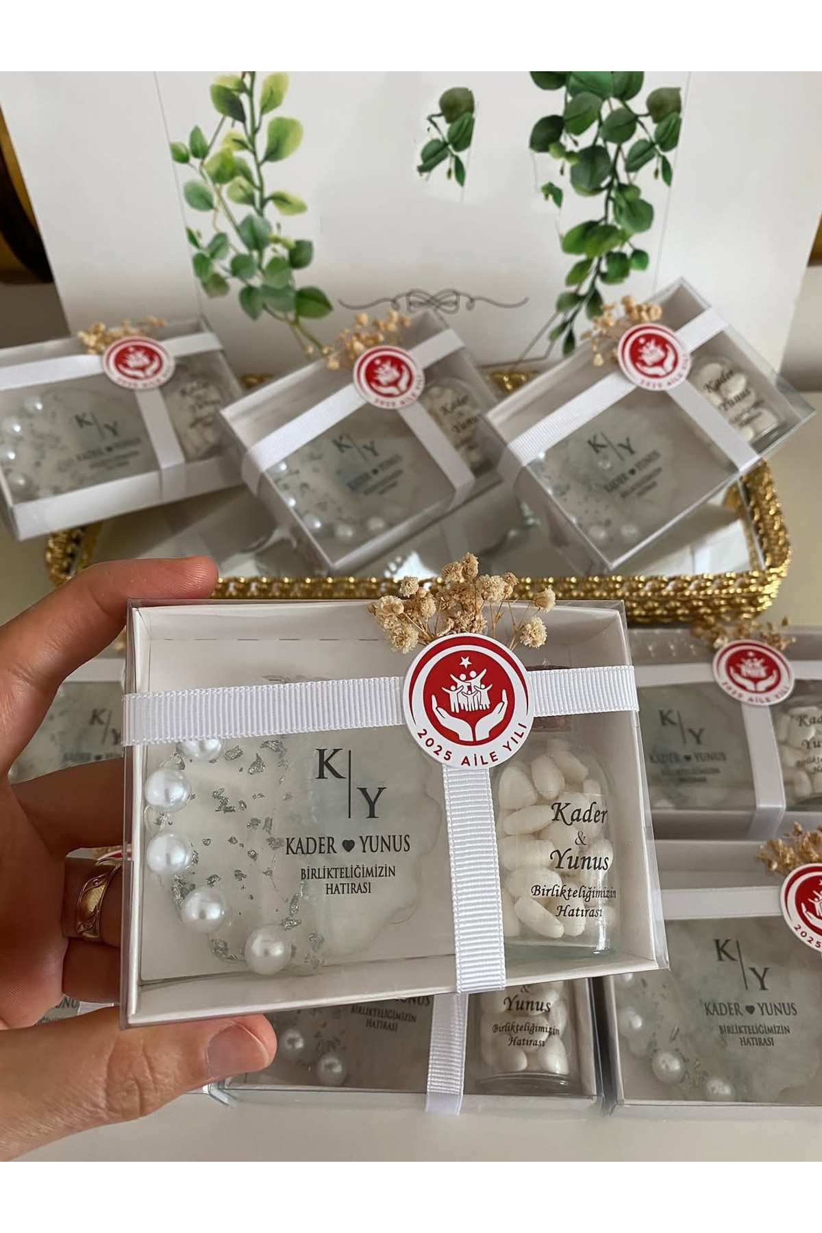 Epoksi ve Mantar Şişe Kalp Şekerli Set Nikah, Söz, Nişan Hediyelik - 25 Adet
