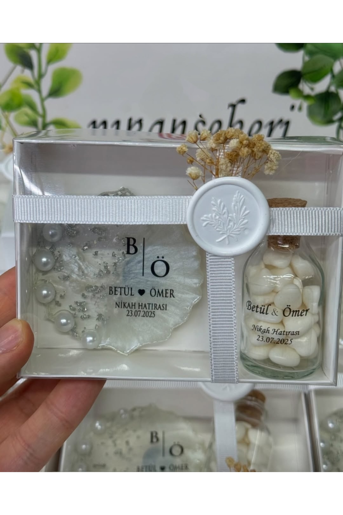 Epoksi ve Mantar Şişe Kalp Şekerli Set Nikah, Söz, Nişan Hediyelik - 25 Adet