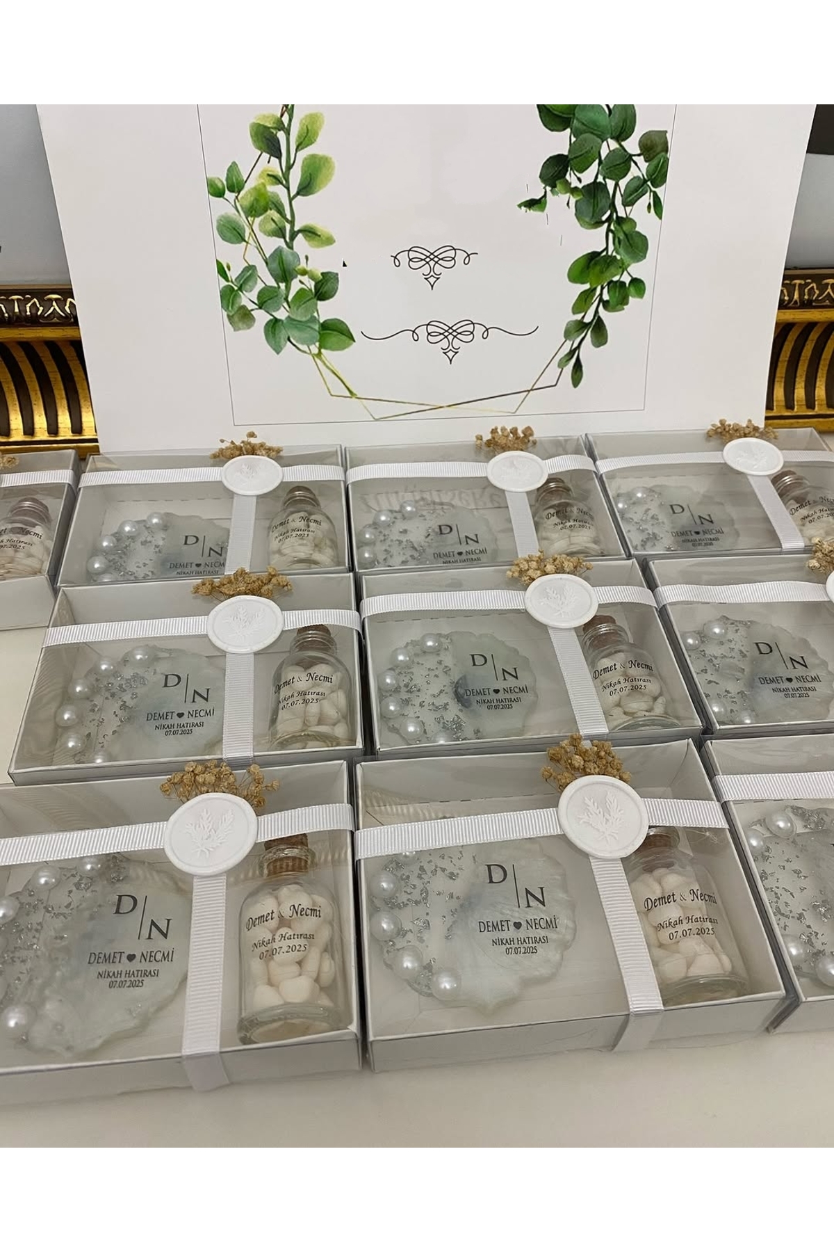 Epoksi ve Mantar Şişe Kalp Şekerli Set Nikah, Söz, Nişan Hediyelik - 25 Adet