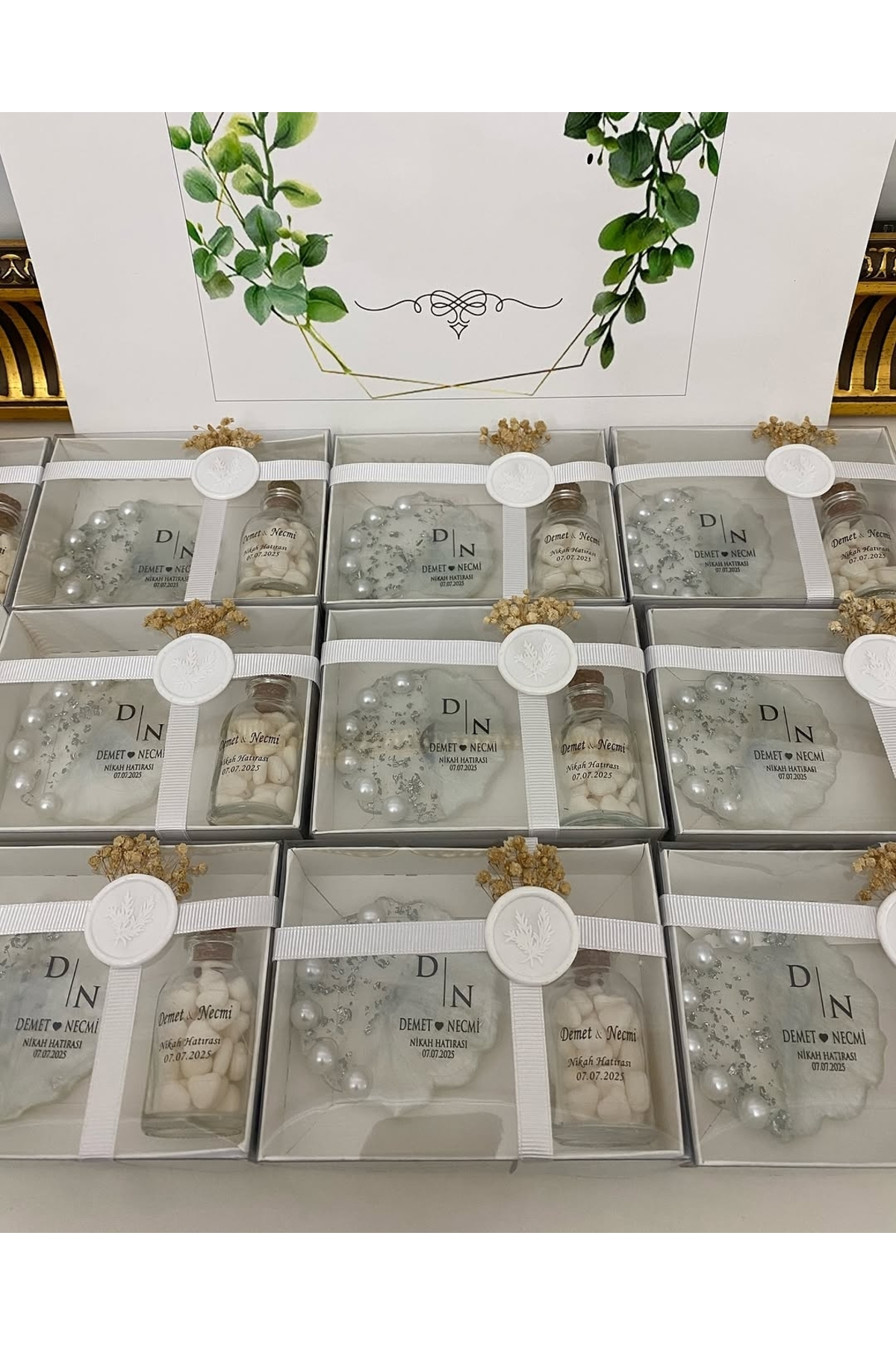 Epoksi ve Mantar Şişe Kalp Şekerli Set Nikah, Söz, Nişan Hediyelik - 25 Adet