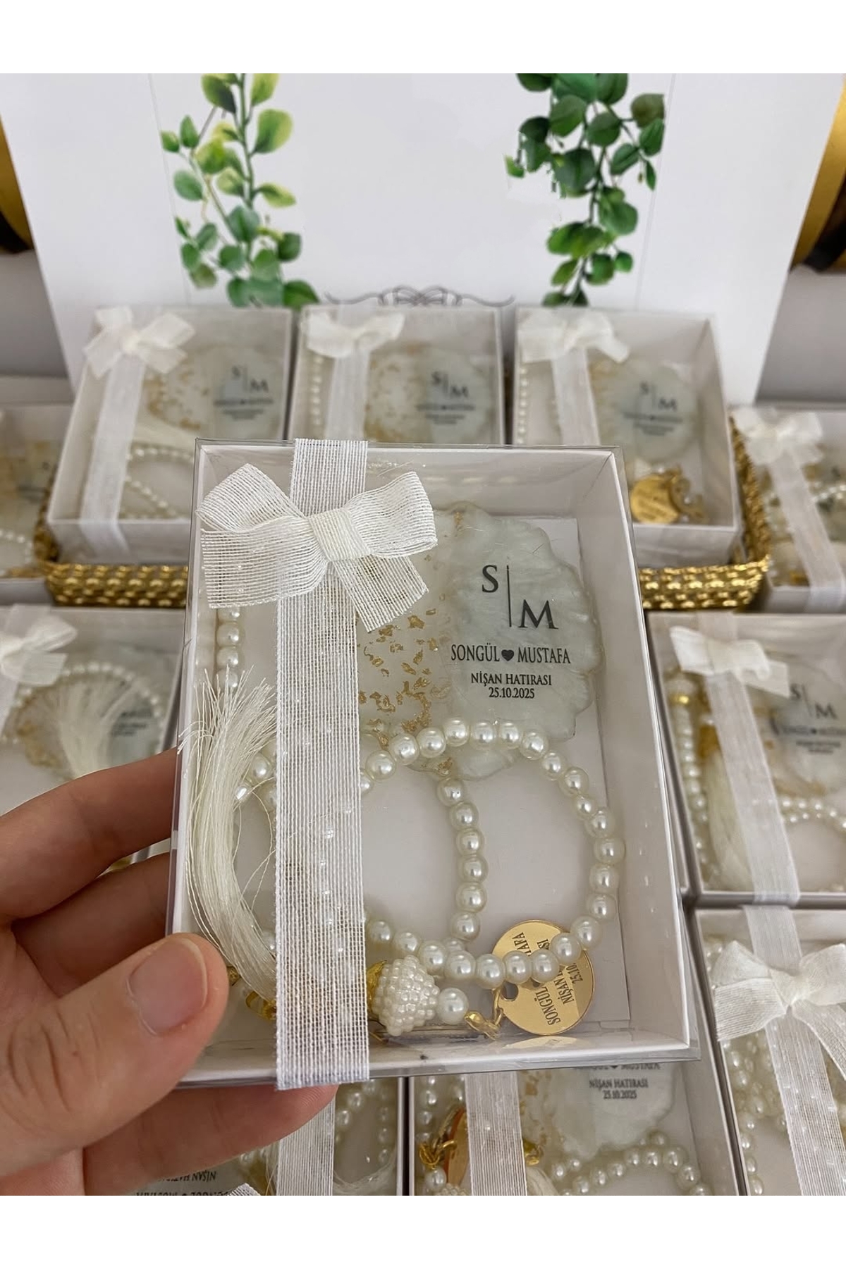 İnci Tesbih ve Epoksi Set Nikah, Söz, Nişan Hediyelik - 25 Adet