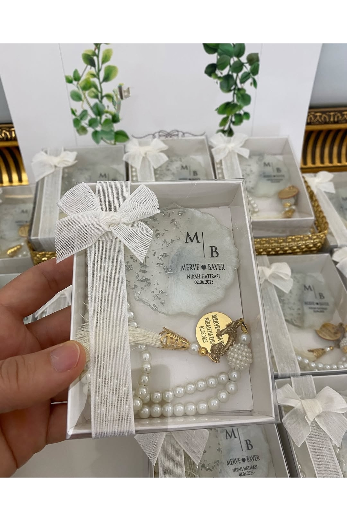 İnci Tesbih ve Epoksi Set Nikah, Söz, Nişan Hediyelik - 50 Adet