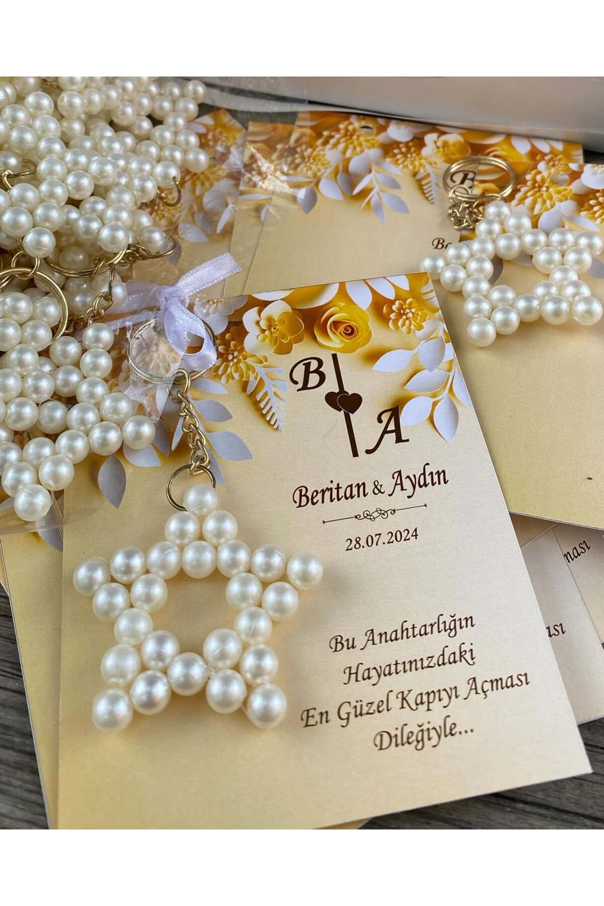 İnci Yıldız Anahtarlık Bebek, Nikah, Söz, Nişan Hediyelik - 50 Adet