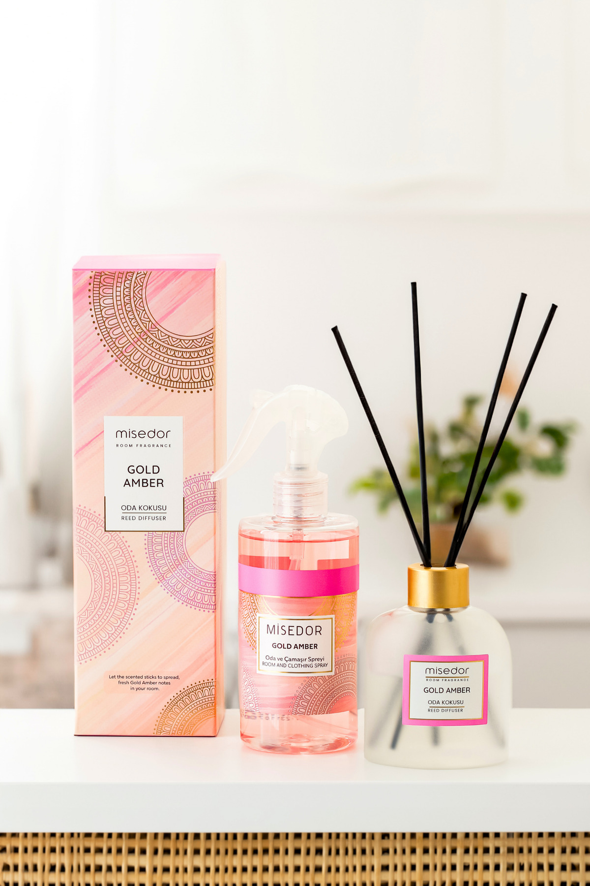 2 Li Set Gold Amber Çubuklu Oda Kokusu 120 ml & Oda Spreyi 330 ml