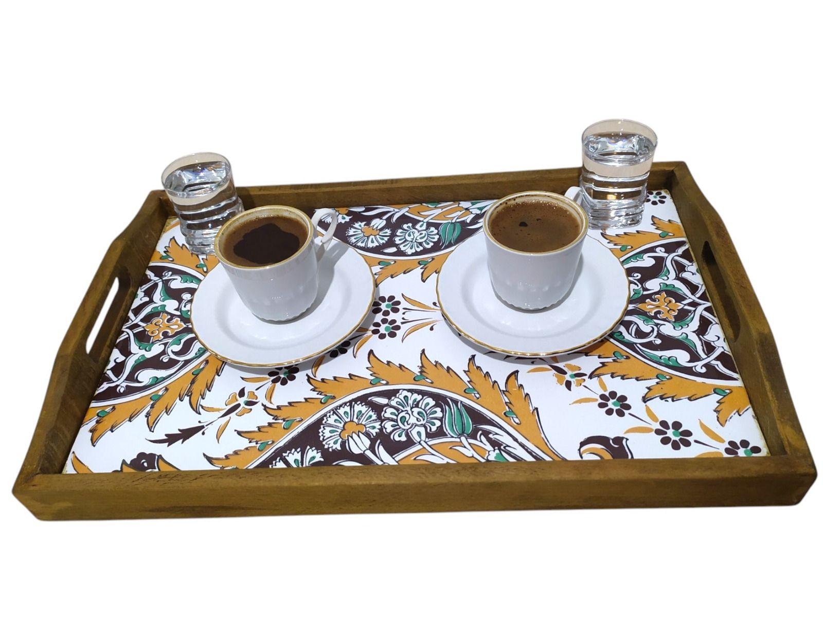 Çini desenli seramikli ahşap tepsi