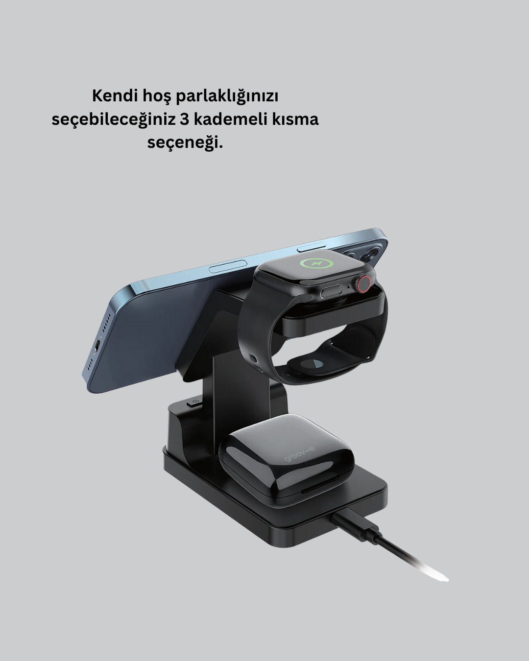 Kablosuz Şarjlı Dijital Masa Saati – 3 Parlaklık Seviyeli LED, Hızlı Şarj, Apple Uyumlu