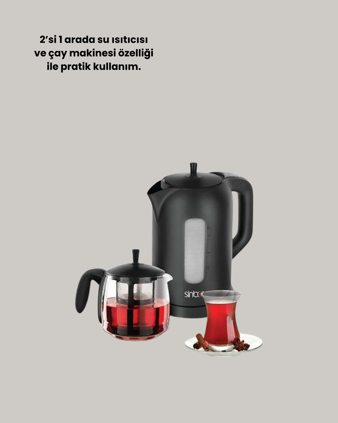 0,9 L Cam Demlik ve 1,7 L Su Haznesi ile Çay Keyfi