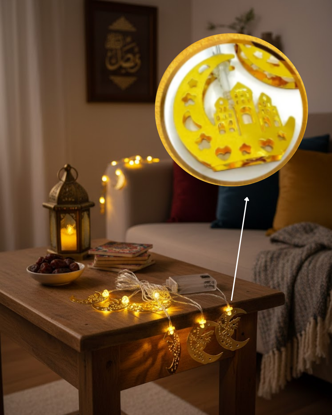Dekoratif Minareli Hilal LED Işık Metal Gövdeli Ramazan Aydınlatma