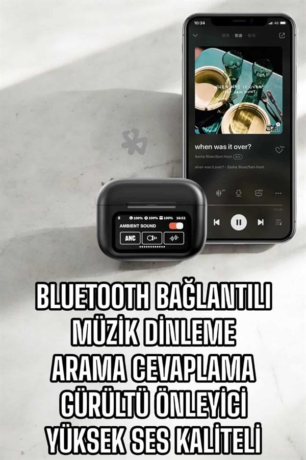 Kablosuz Bluetooth Kulaklık Ekranlı Uzun Şarj Süreli ANC Destekli