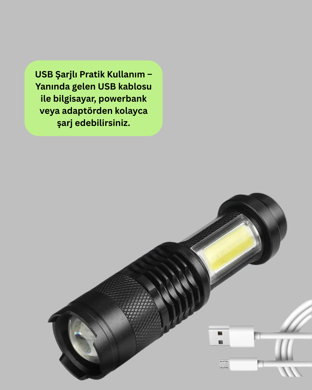 4 Modlu USB Şarjlı LED El Feneri Kamp ve Outdoor