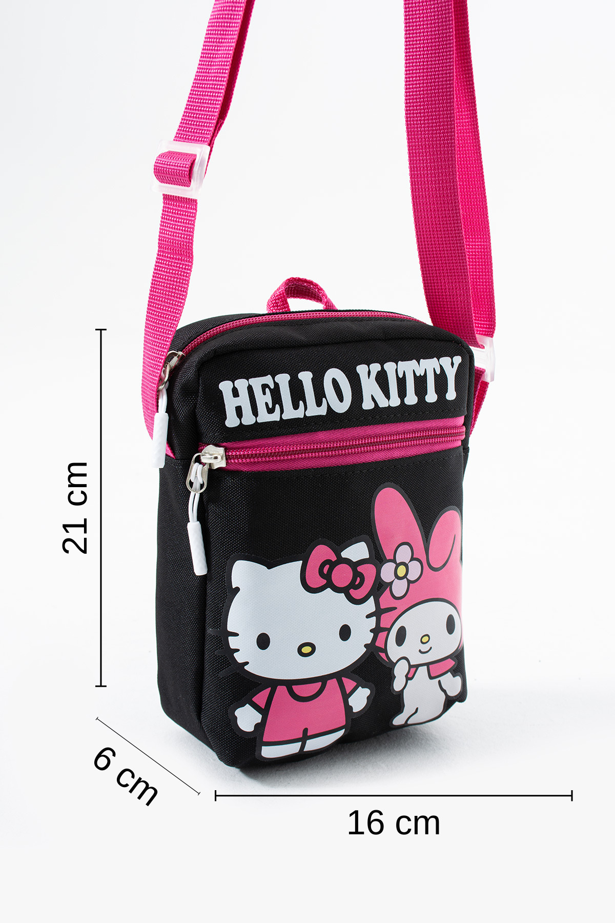 Hello Kitty Melody Çocuk Omuz Çantası – 3 Bölmeli – Su Geçirmez Kumaş (21×16×6 cm)