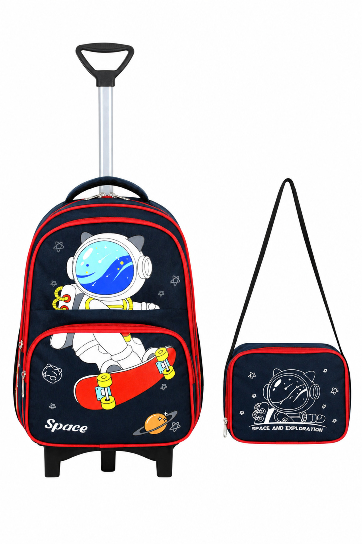 Lisanslı Çekçekli Lacivert Astronot Space İlkokul ve Beslenme Çantası Seti ( Sabit Çekçek + Katlanır Ayak )