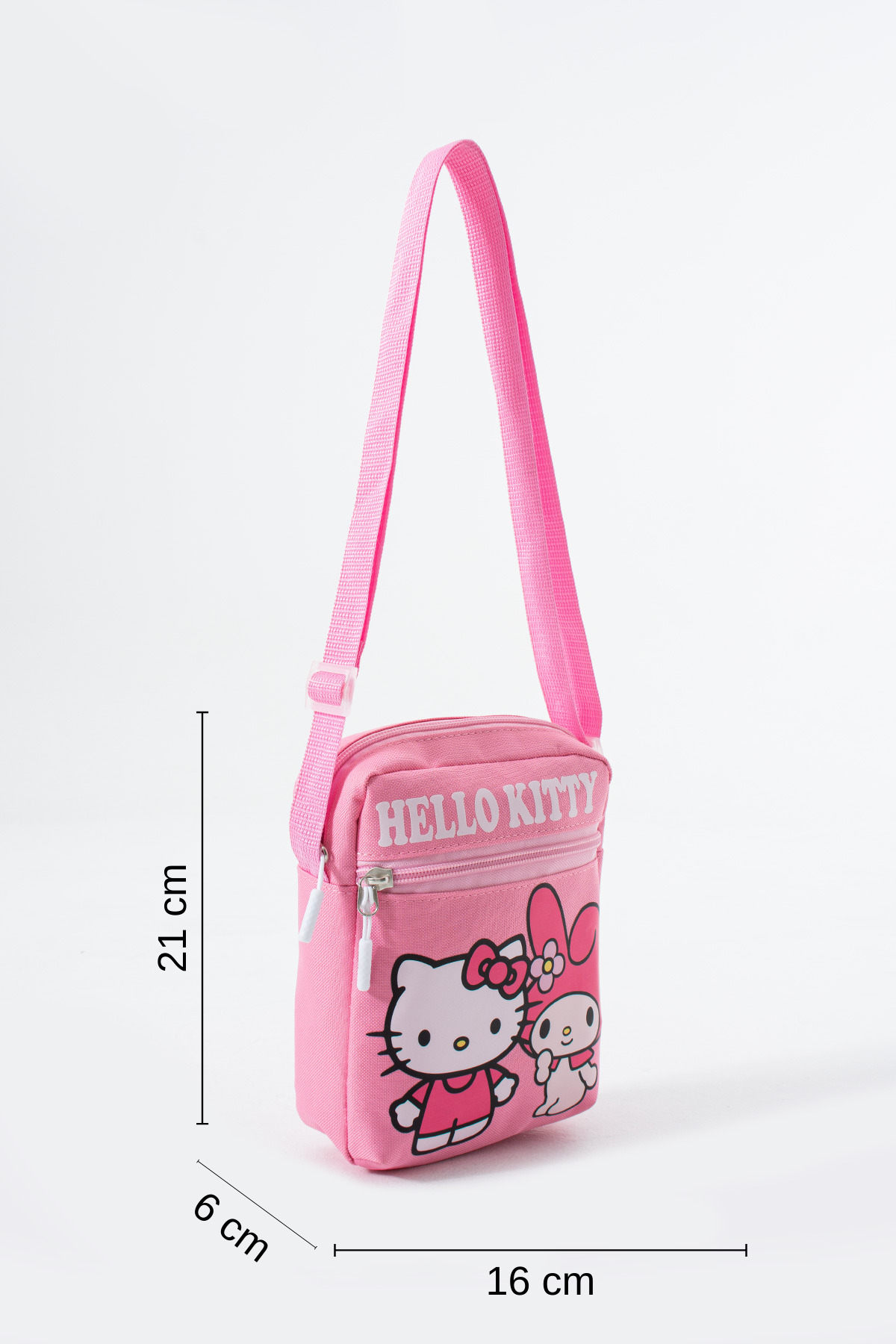 Pembe Hello Kitty Melody Çocuk Omuz Çantası – 3 Bölmeli – Su Geçirmez Kumaş (21×16×6 cm)