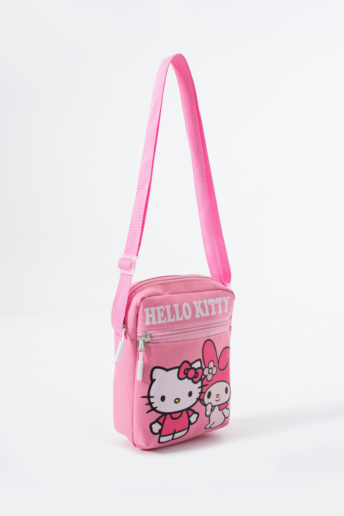 Pembe Hello Kitty Melody Çocuk Omuz Çantası – 3 Bölmeli – Su Geçirmez Kumaş (21×16×6 cm)