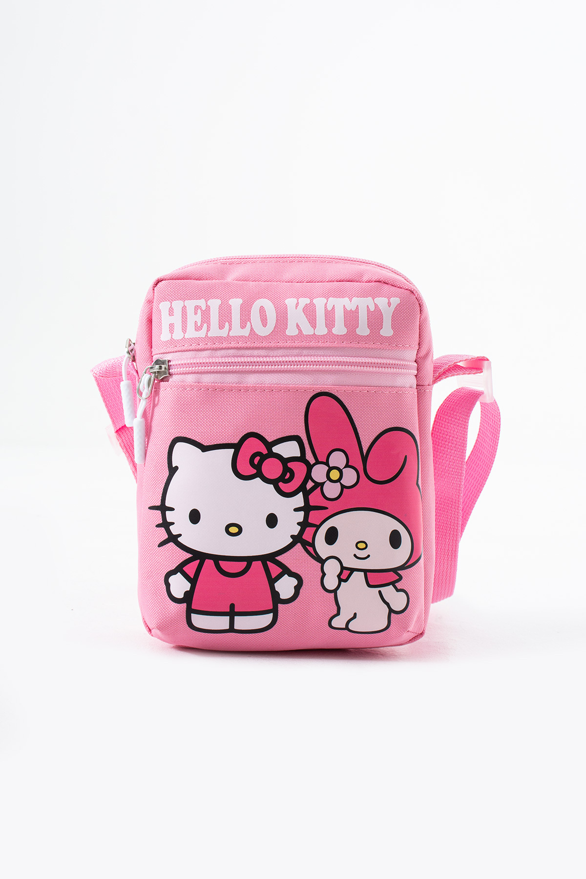 Pembe Hello Kitty Melody Çocuk Omuz Çantası – 3 Bölmeli – Su Geçirmez Kumaş (21×16×6 cm)