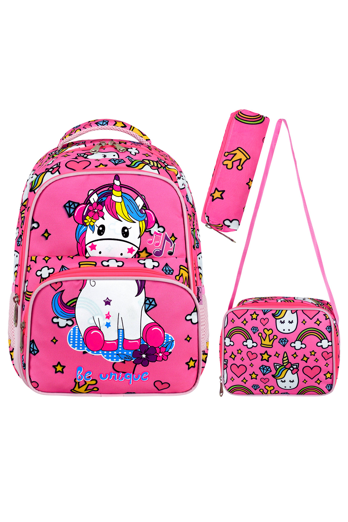 Lisanslı Unicorn 3'lü Set İlkokul Çantası, Termal Beslenme Çantası ve Kalem Kutusu Seti