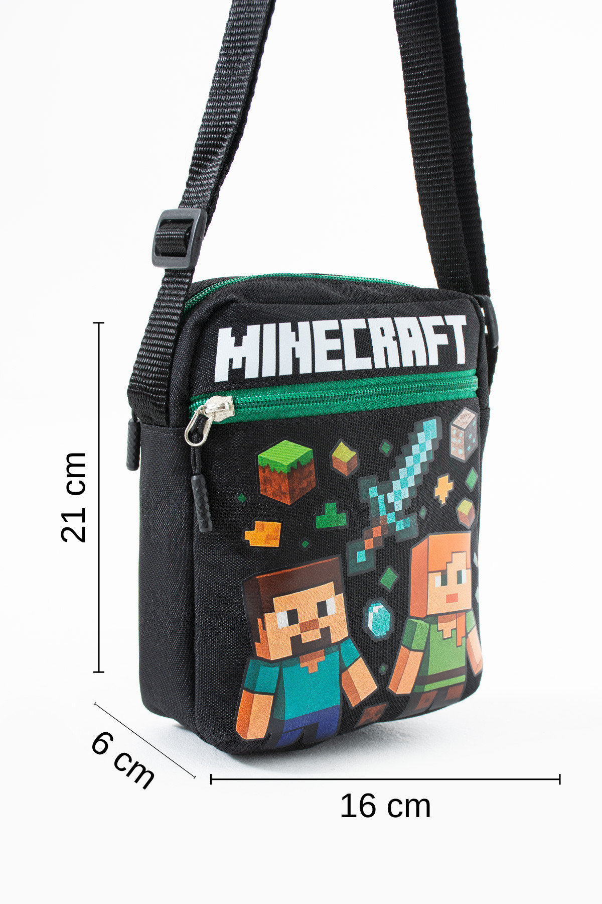 Minecraft Steve Alex Creeper – 3 Bölmeli – Su Geçirmez Kumaş (21×16×6 cm)