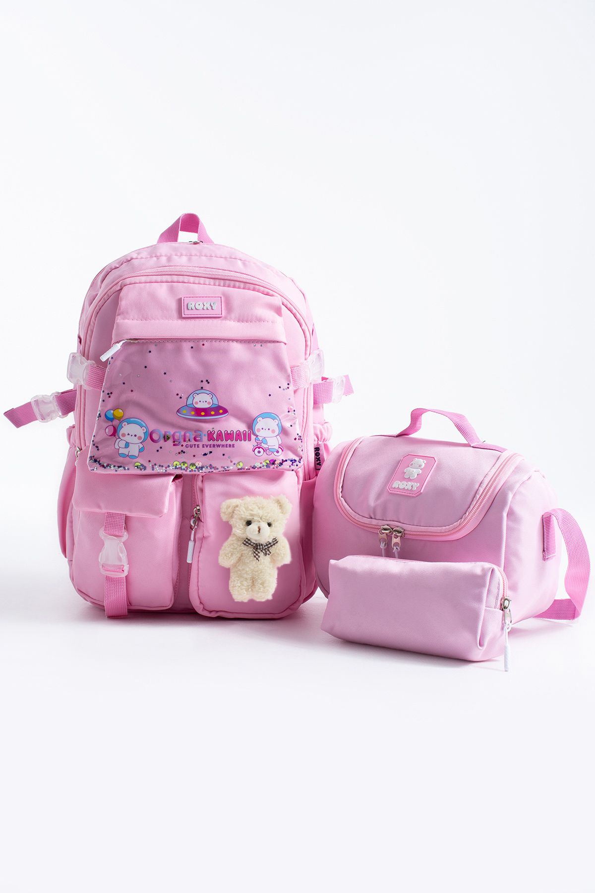Kore Kawaii Ayıcıklı Okul Çantası Seti – Sırt Çantası + Beslenme Çantası + Kalemlik