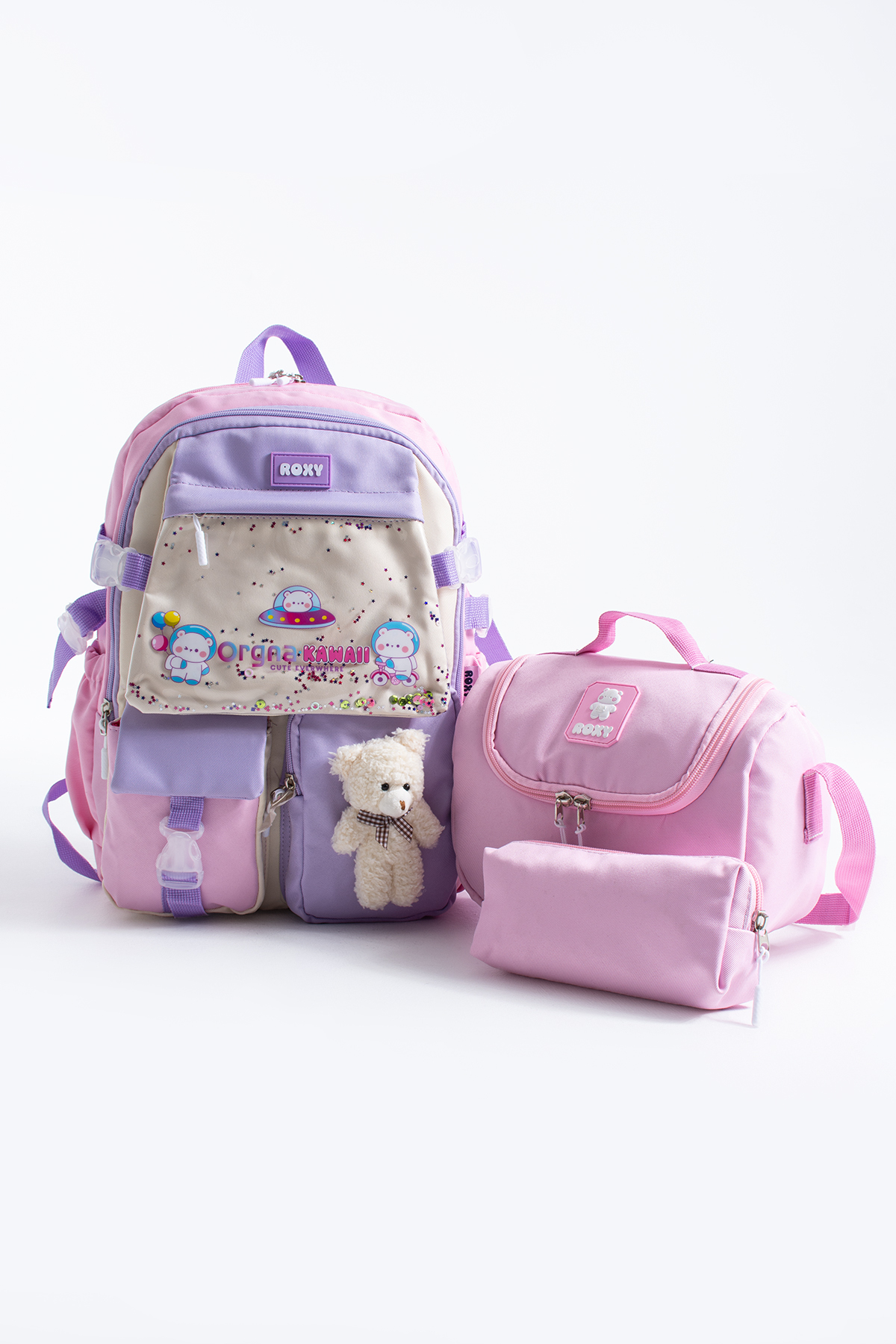 Kawaii Kore Tarzı Ayıcıklı Çok Bölmeli Çocuk - Okul Çantası , Beslenme Çantası , Kalemlik Seti