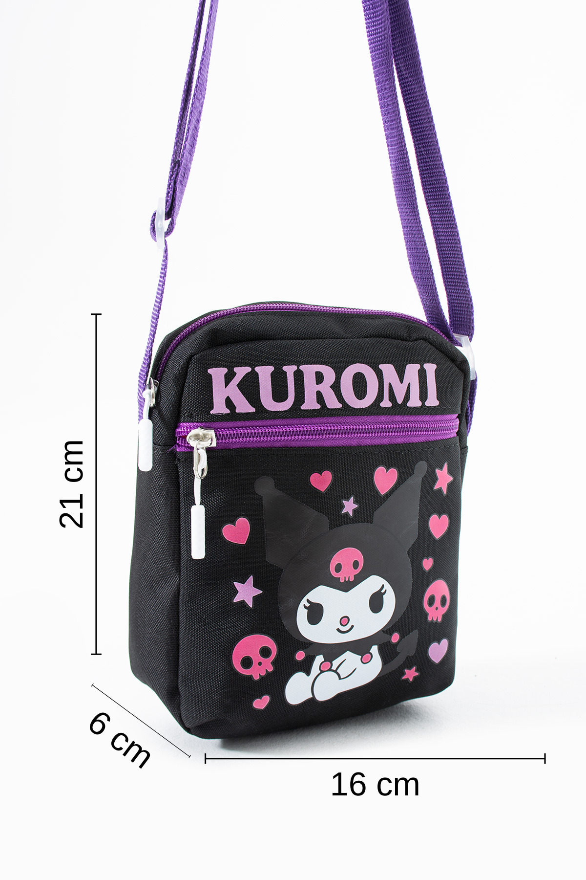 Kuromi Çocuk Omuz Çantası – 3 Bölmeli – Su Geçirmez Kumaş (21×16×6 cm)