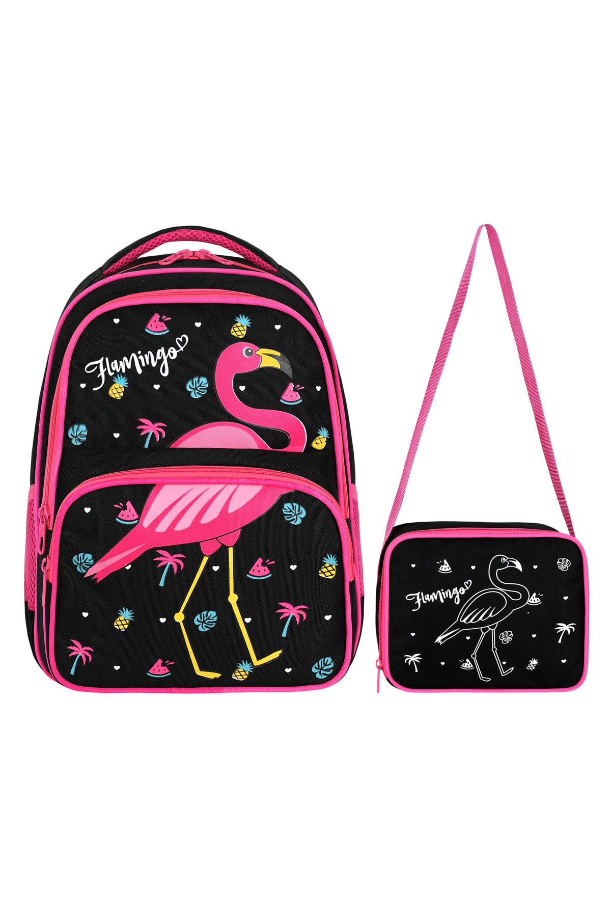 Flamingo Baskılı İlkokul ve Beslenme Çantası Seti