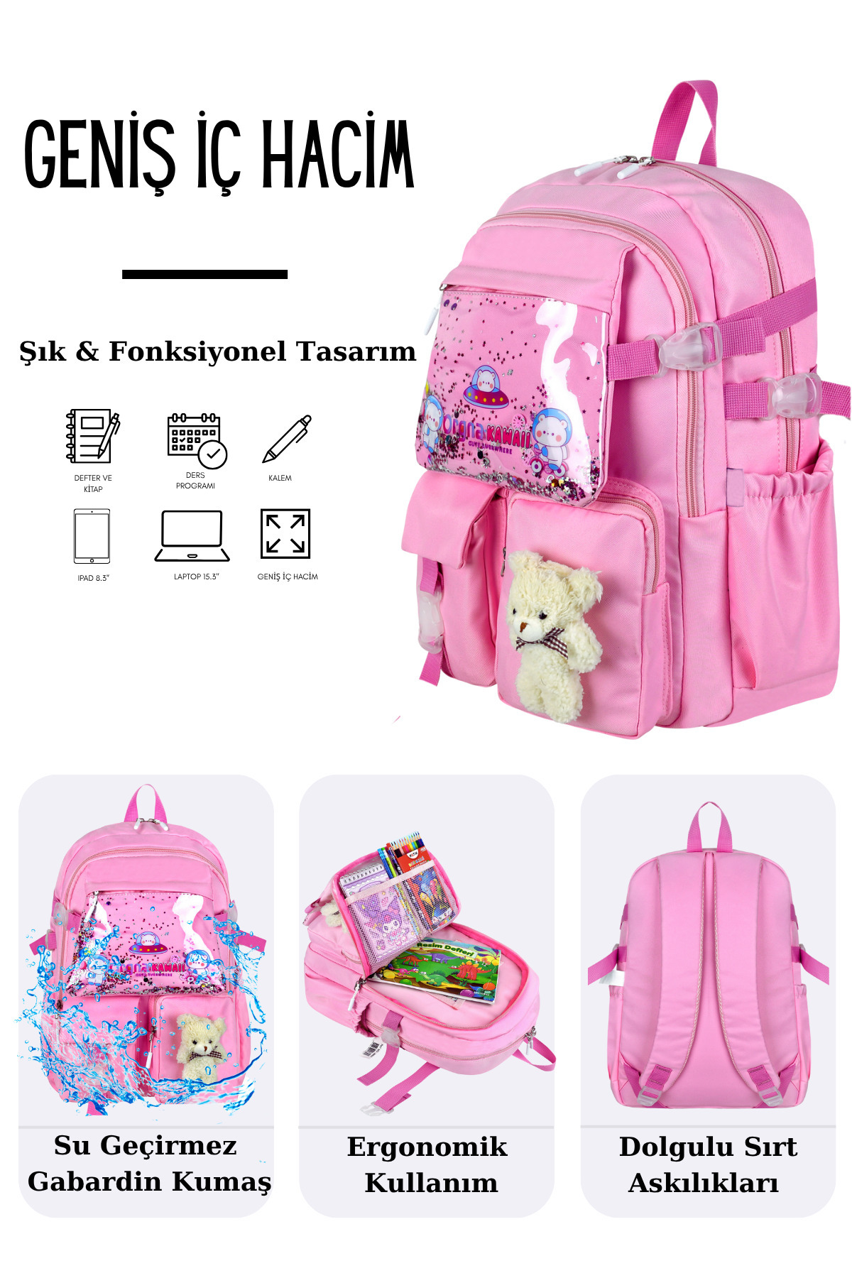 Pembe Kawaii Kore Tarzı Ayıcıklı Aksesuarlı Çok Bölmeli Çocuk Okul Çantası