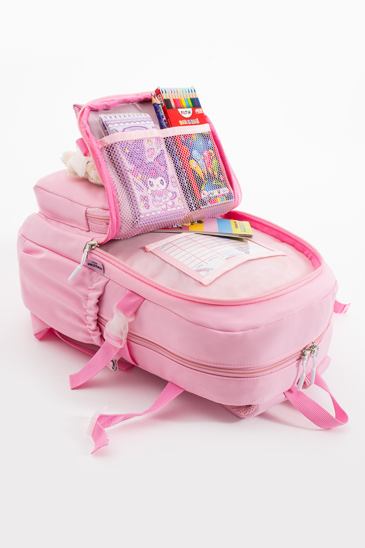 Pembe Kawaii Kore Tarzı Ayıcıklı Aksesuarlı Çok Bölmeli Çocuk Okul Çantası