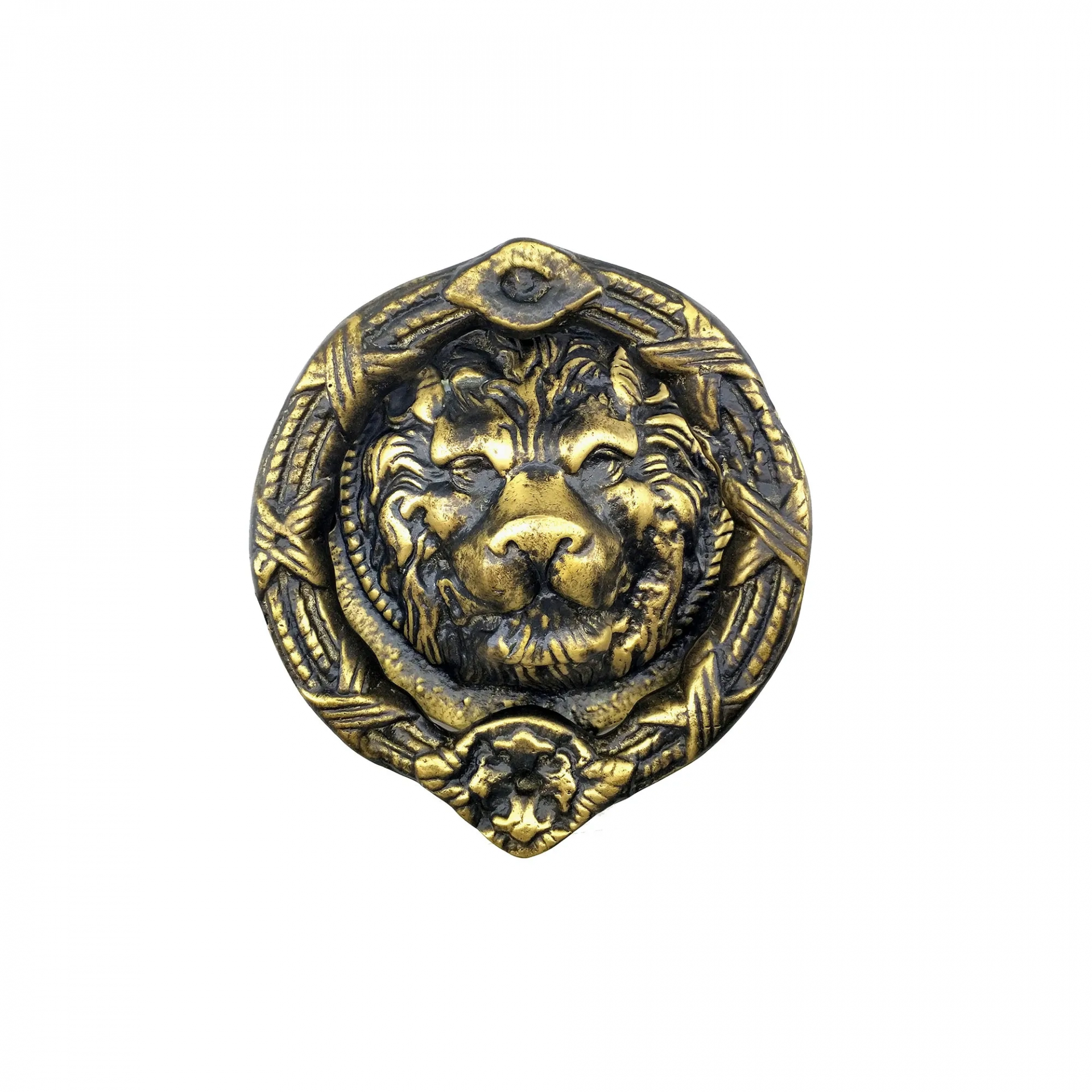 Antika Tarz Dekoratif Pirinç Aslan Kapı Tokmağı, Taktak - 185 Mm, Antik