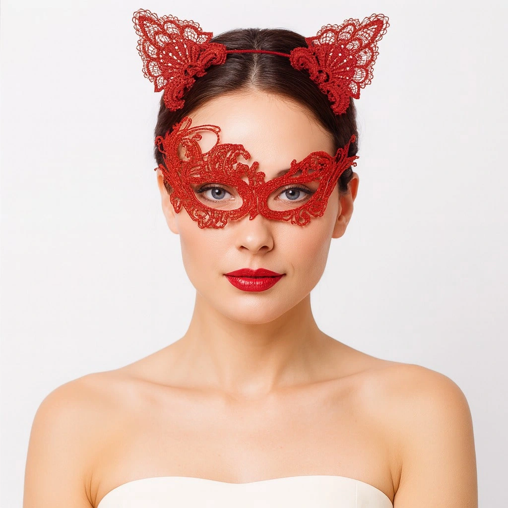 Gizemli Kırmızı Dantel Maske Ve Taç Seti 1 No - Kostüm Seti