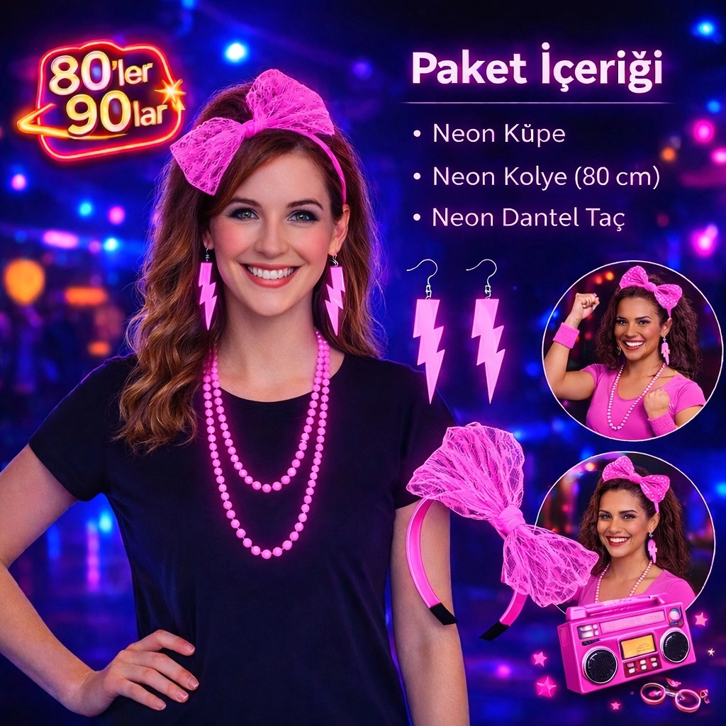 80’ler 90’lar Neon Pembe Parti Seti – Kolye Küpe Taç