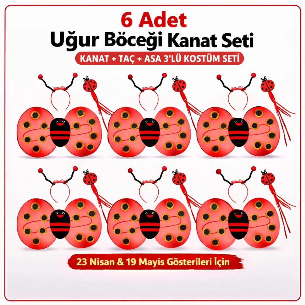 6'lı Uğur Böceği Ateş Böceği Kostüm Seti – Kanat Taç Asa