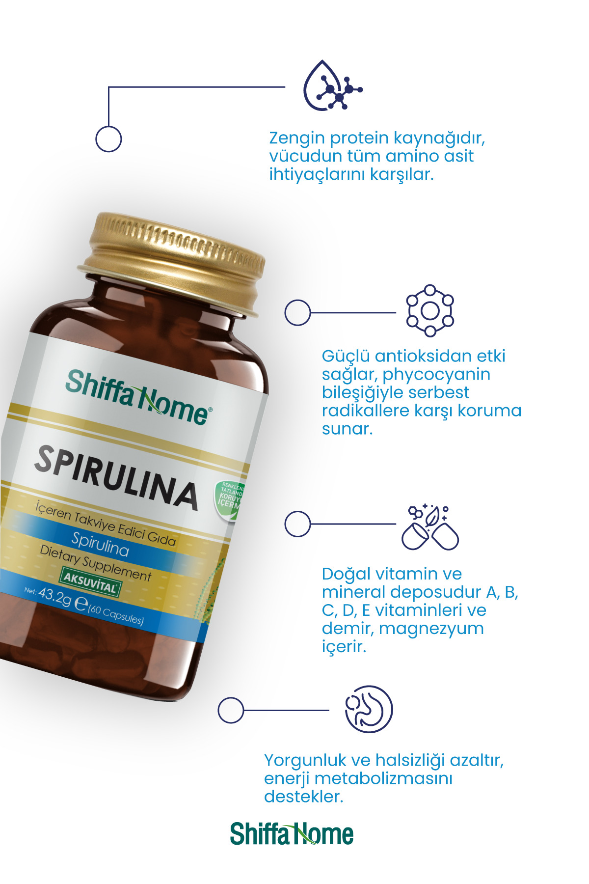 Shiffa Home Spirulina Deniz Yosunu 60 Kapsül VEGAN