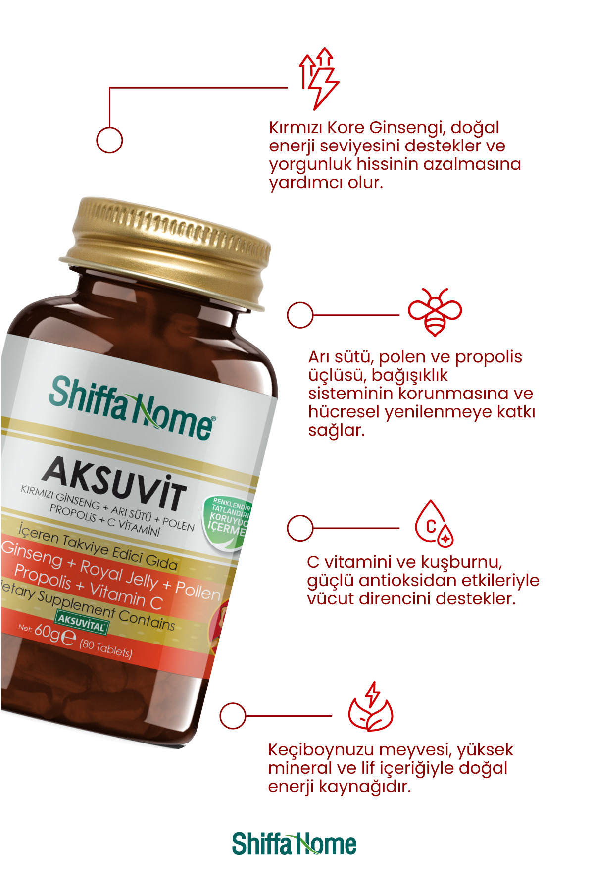 AKSUVİT Ginseng, Arı Sütü, Polen, Propolis, C Vitamini 80 Tablet