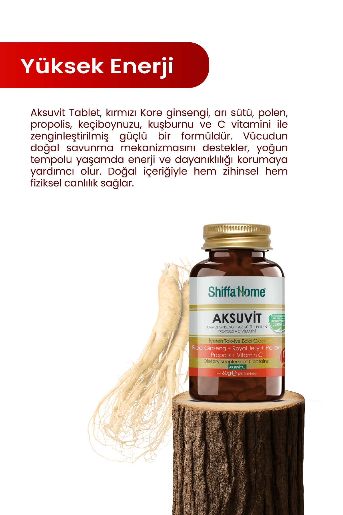 AKSUVİT Ginseng, Arı Sütü, Polen, Propolis, C Vitamini 80 Tablet