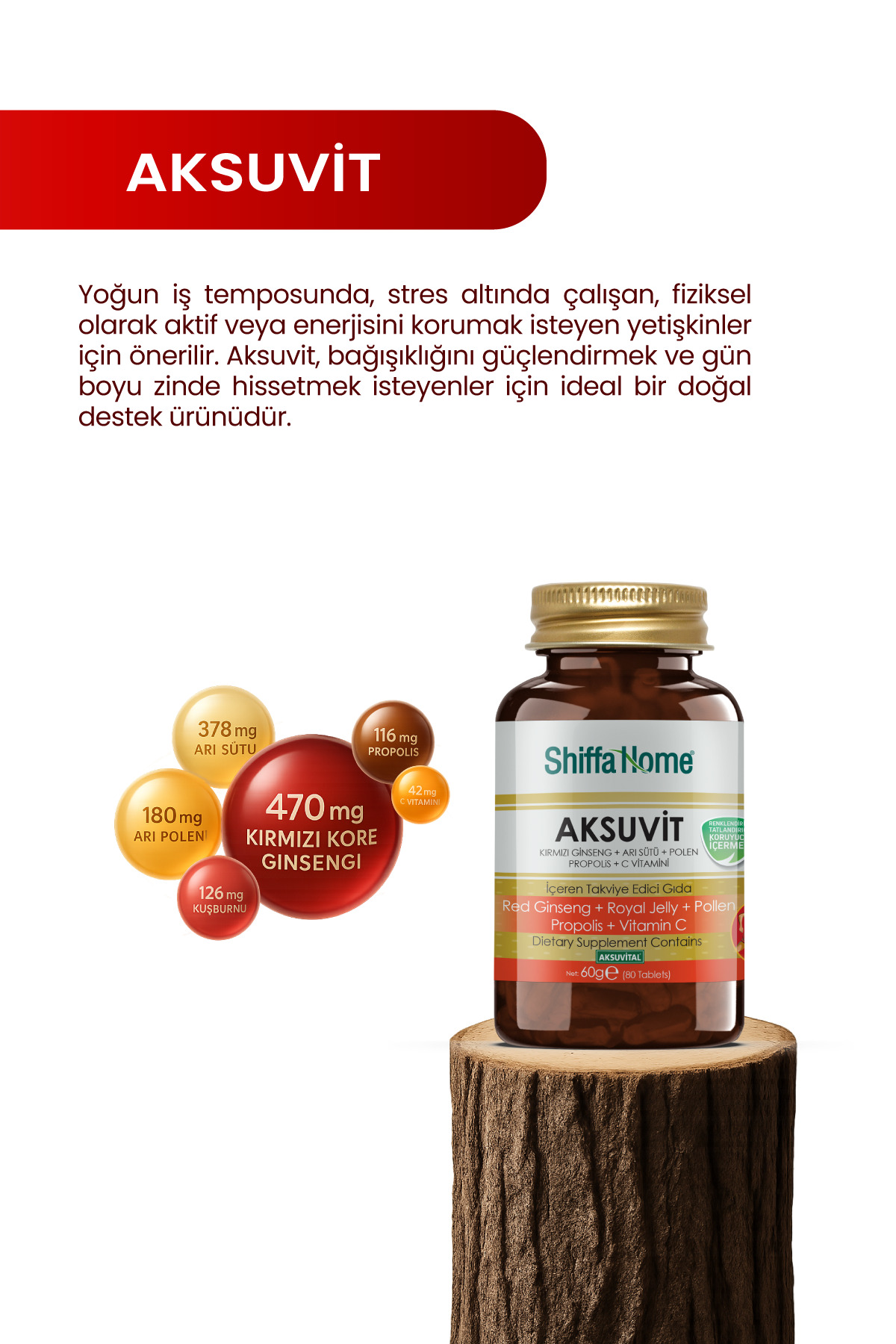 AKSUVİT Ginseng, Arı Sütü, Polen, Propolis, C Vitamini 80 Tablet