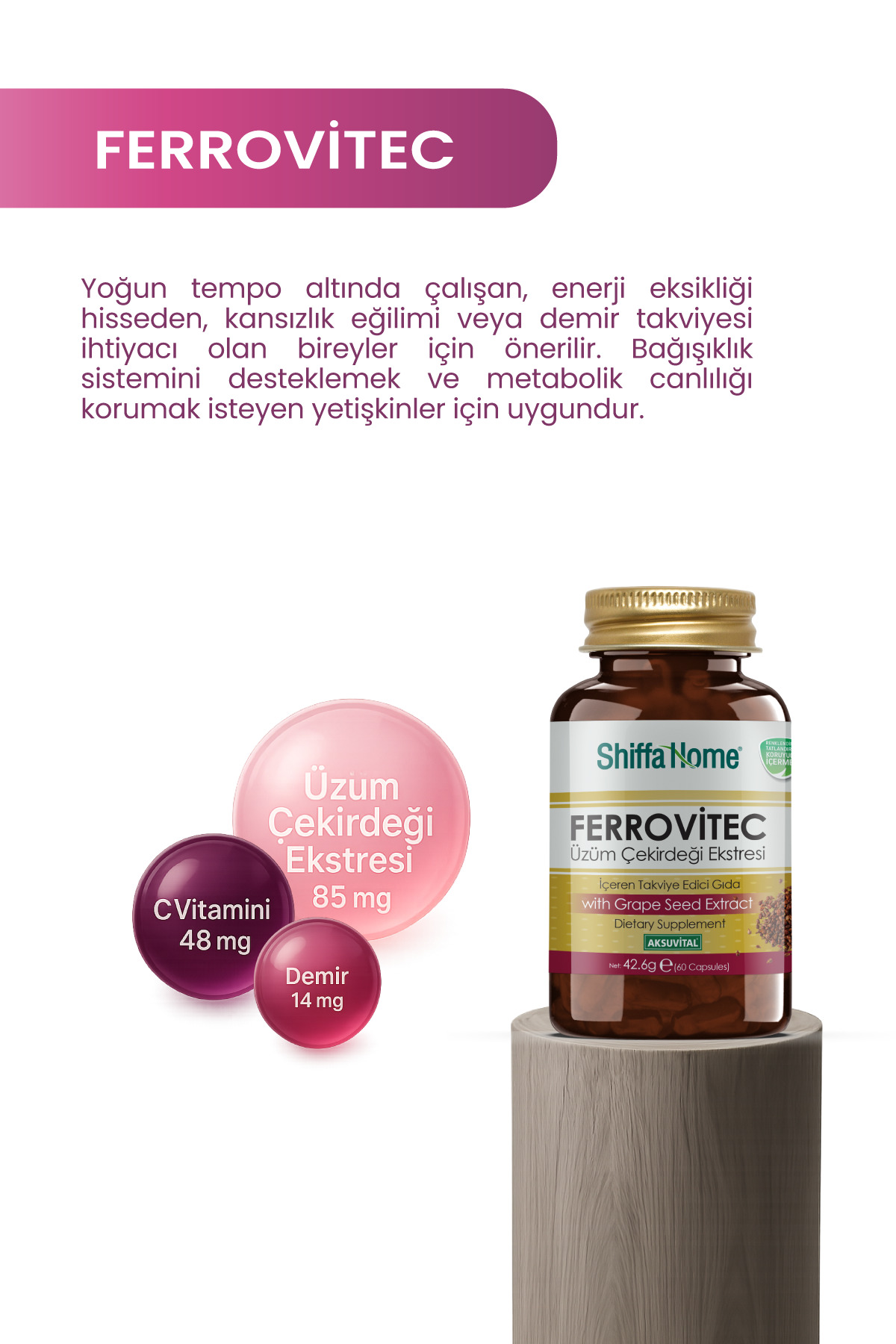 Aksu Vital Ferrovitec Üzüm Çekirdeği Ekstresi 60 Kapsül Demir