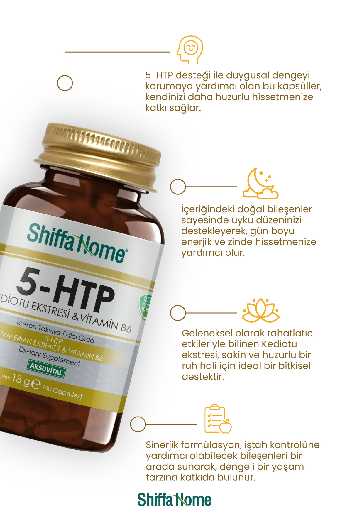 5 HTP 60 Kapsül / 5-htp Bitkisel Kapsül, Kediotu Ekstresi Ve B6 Vitamin