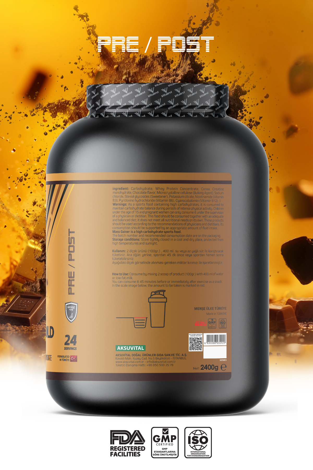 Mass Gainer Çikolata Aromalı 2400g. Karbonhidrat Tozu 24 Servis