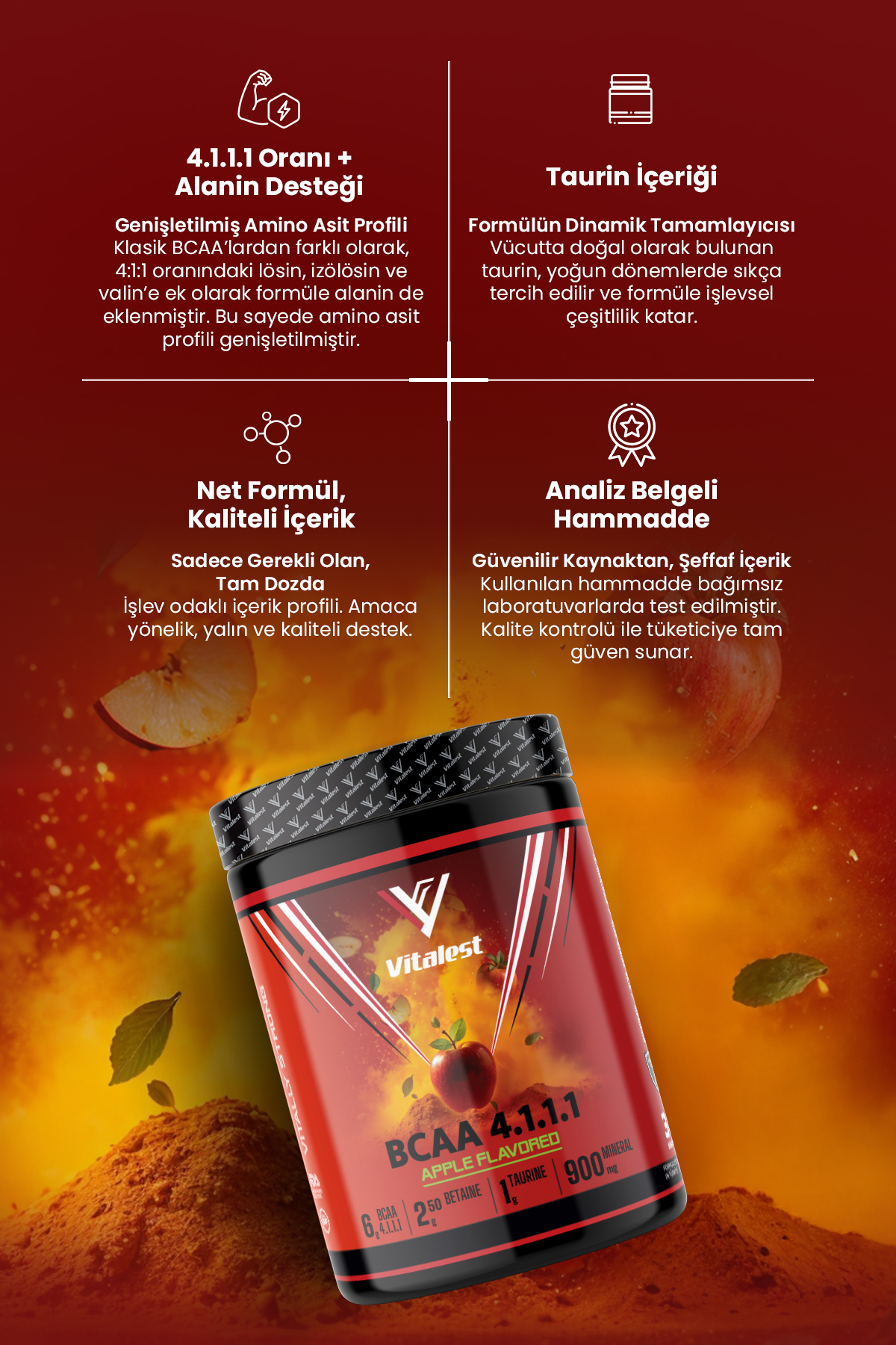 BCAA 4:1:1 300 g Elma | 6 g BCAA (Lösin 4 g, İzolösin 1 g, Valin 1 g)