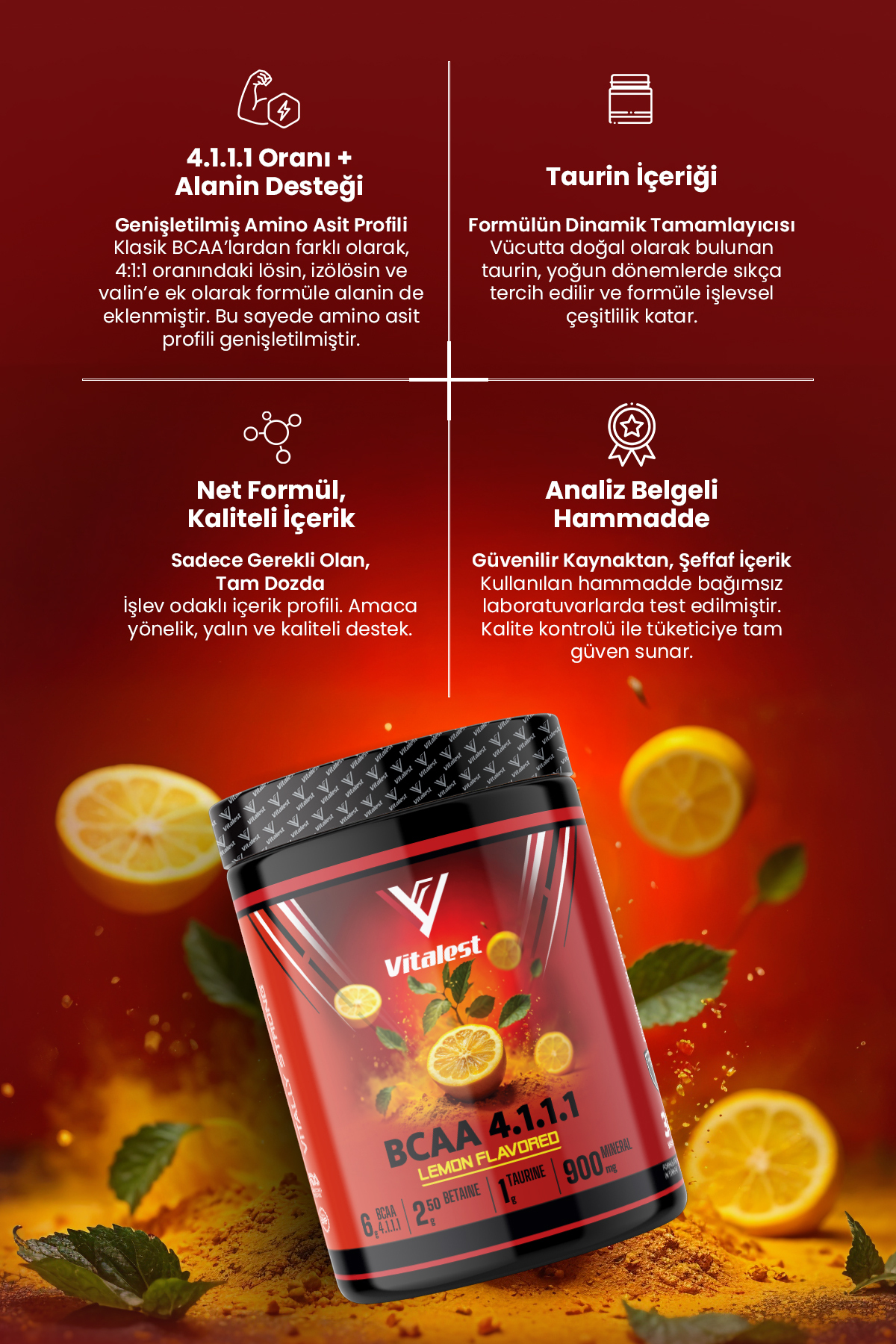 BCAA 4:1:1 300 g Limon | 6 g BCAA (Lösin 4 g, İzolösin 1 g, Valin 1 g)